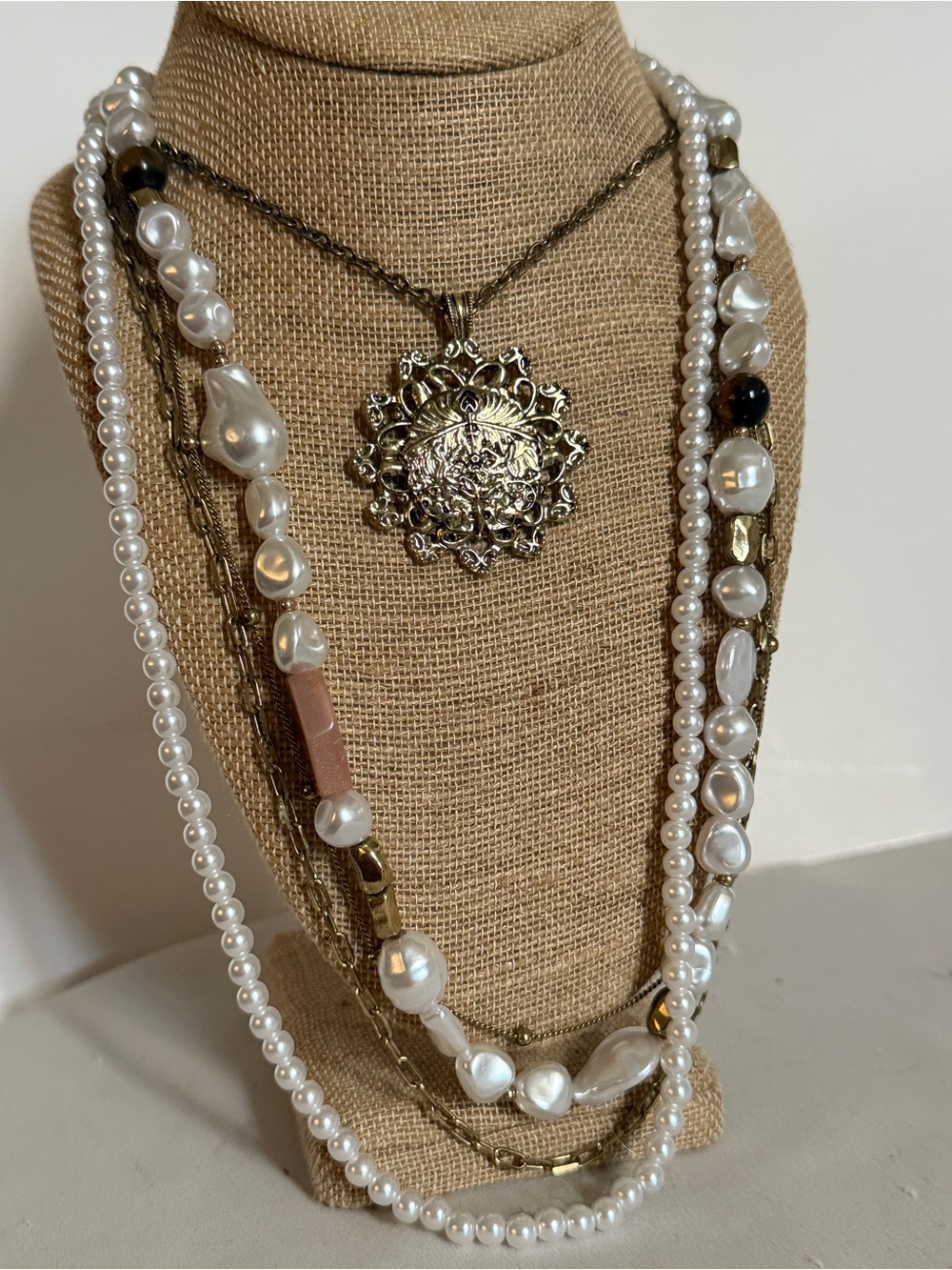 Free People Jackie Mega Multi-Layer Necklace Boho Faux Pearl Medallion Statement